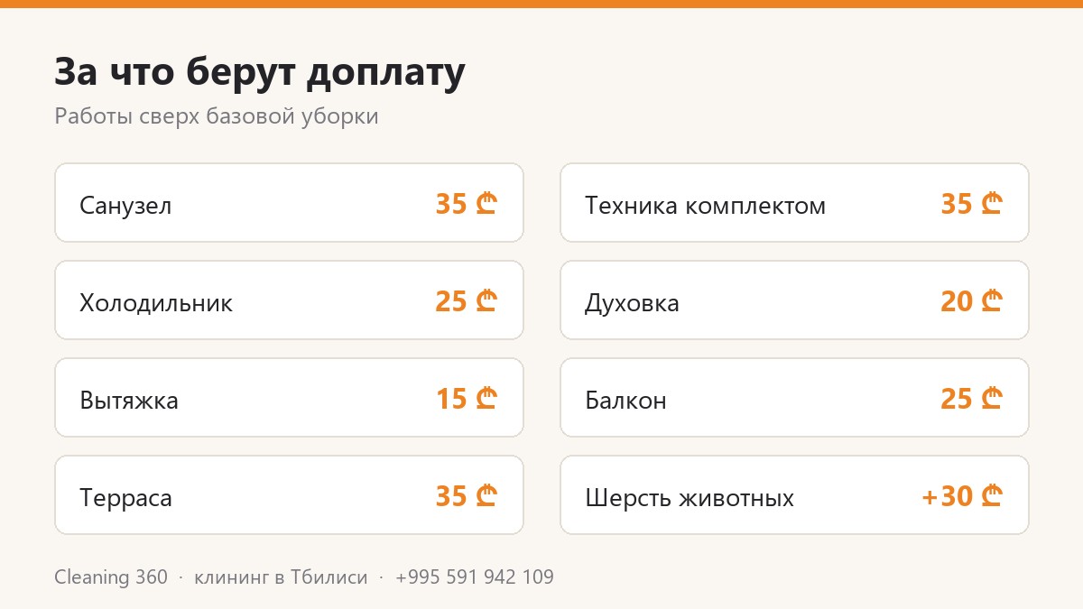 Доплаты к уборке квартиры в Тбилиси: санузел, техника, балкон, шерсть животных